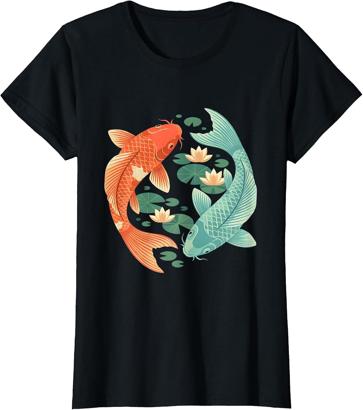 Koi Fish Yin Yang Pond Circle Graphic T-Shirt - Black