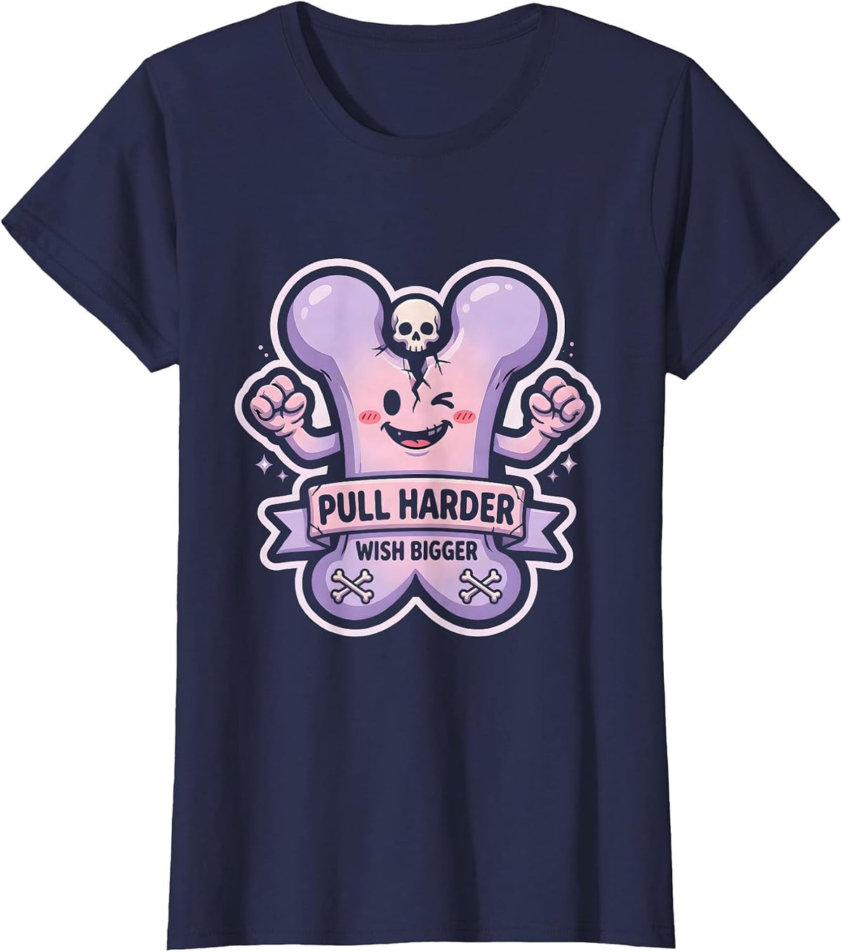 Women's Pull Harder Wish Bigger Wishbone Graphic Design T-Shirt - Navy Blue