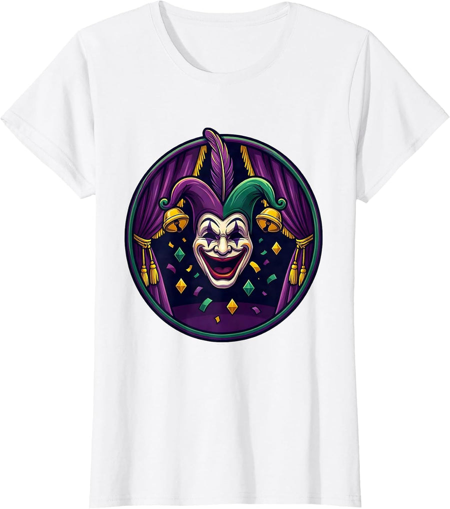Women's Carnival Jester Mask Cartoon Mardi Gras Costume Party T-Shirt - White