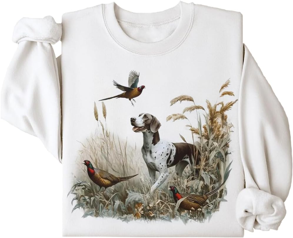Retro German Shorthaired Pointer Dog & Pheasants Sweatshirt, 90s Vintage GSP Ring-Necked Hunter Sweatshirt - White