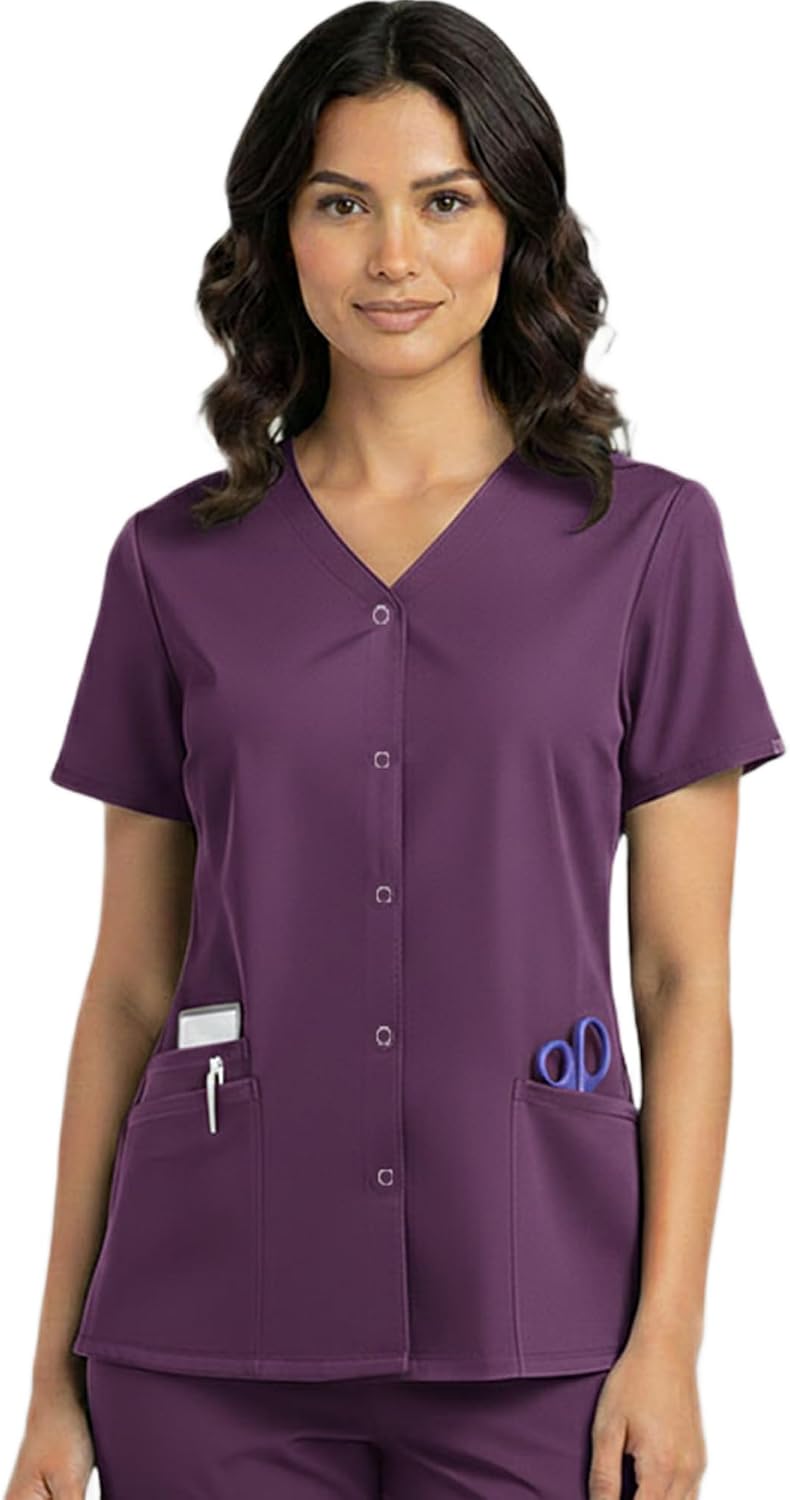 HEEDFIT Women's Snap Front Scrub Top – V-Neck Medical Shirt, Short Sleeve - Purple