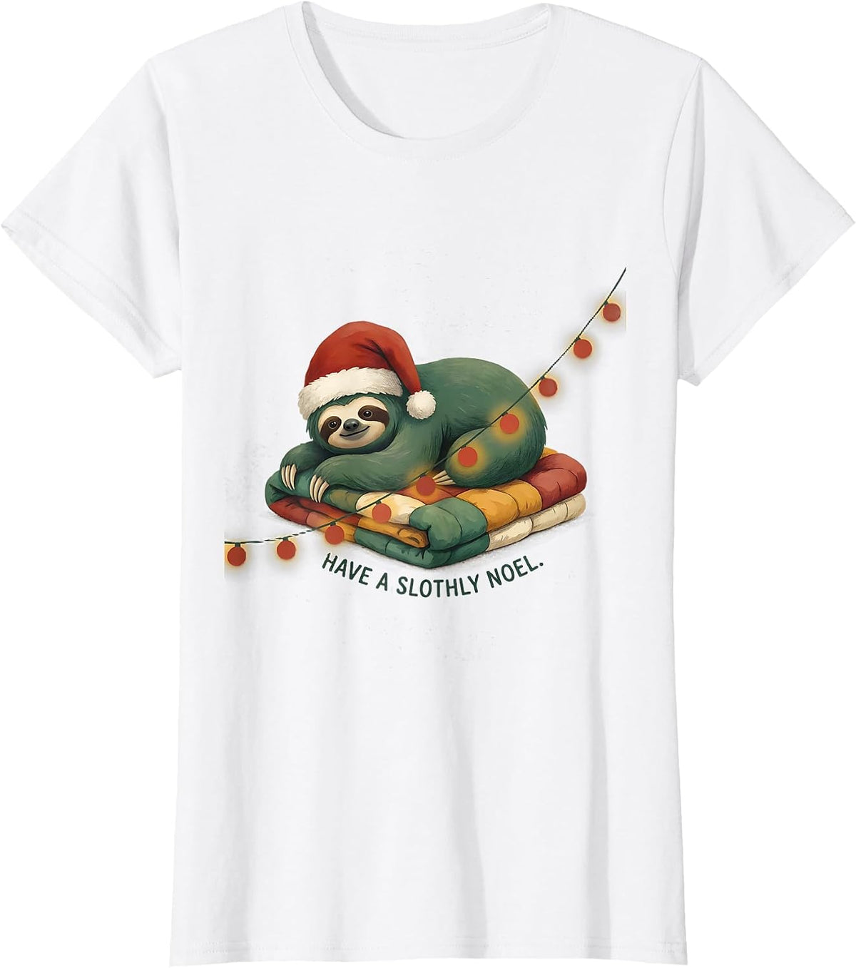 Have a Slothly Noel Funny Sloth Christmas Lights Santa Hat T-Shirt - White