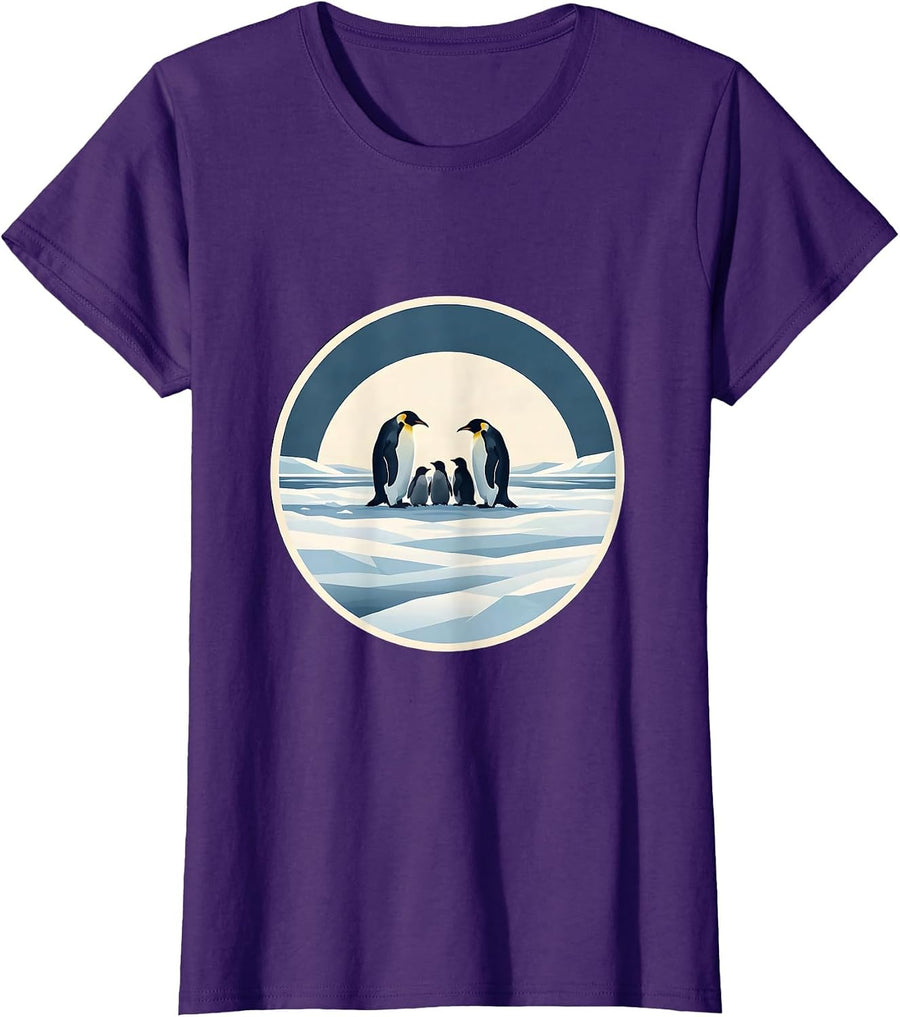 Women's Penguin Family Huddled Together in Snow T-Shirt - Purple