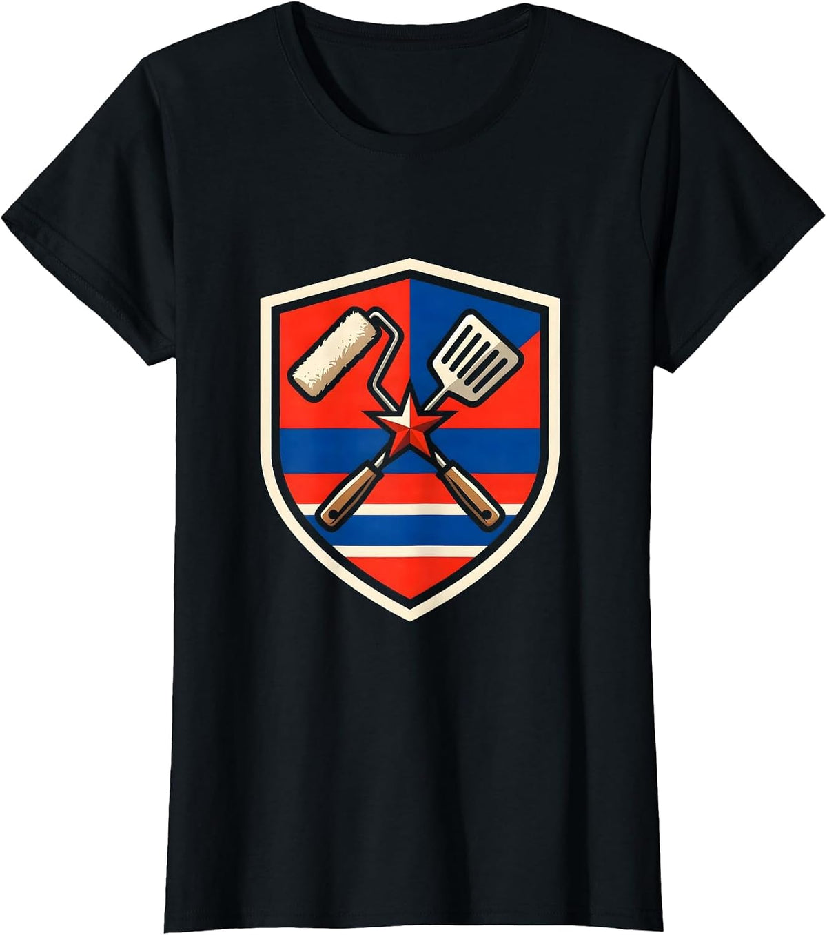 Women's Varsity Shield Paint Roller BBQ Spatula Labor Day Patriotic T-Shirt - Black