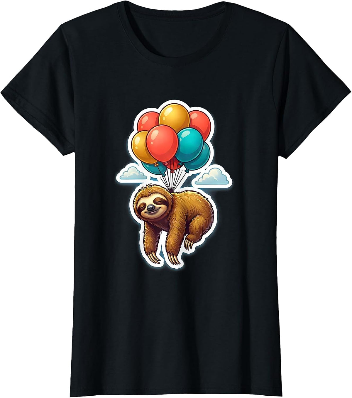 Sloth Floating with Balloons Birthday Design T-Shirt - Black