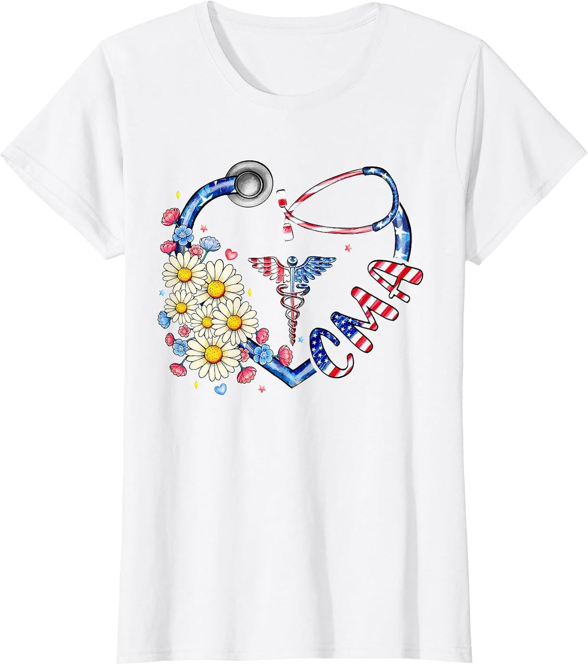 Certified Medical Assistant CMA 4th July American Flag Heart T-Shirt - White
