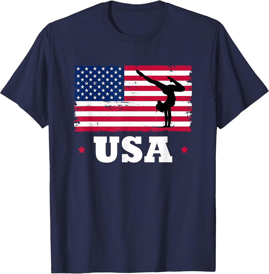 Patriotic Sports American USA Flag Girls Gymnastics T-Shirt - Navy Blue