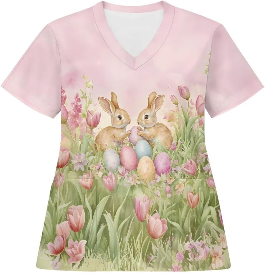Womens Scrub Tops 2 Pockets V-Neck Nurse - Rabbit