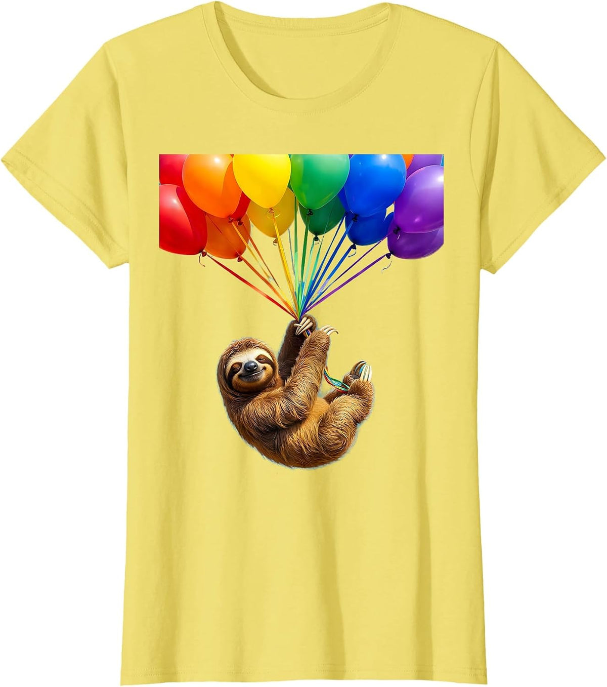 Sloth Birthday Balloon Hanging Cute Illustration T-Shirt - Lemon Yellow