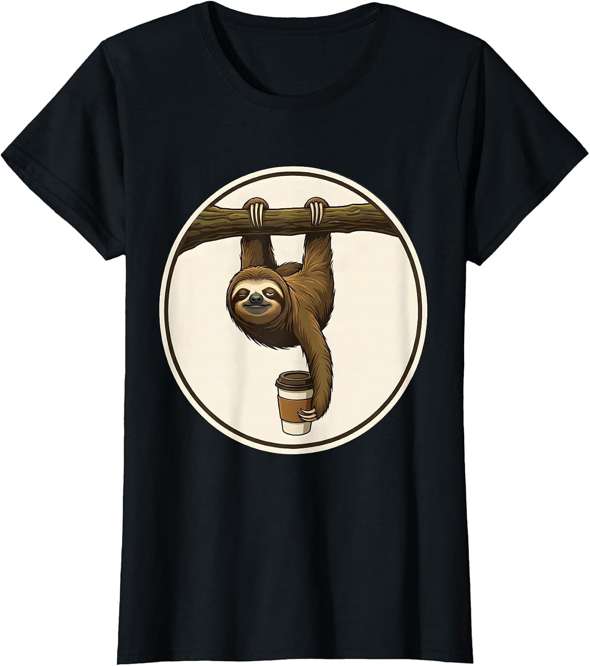 Funny Sloth Hanging From Branch With Coffee Cup T-Shirt - Black