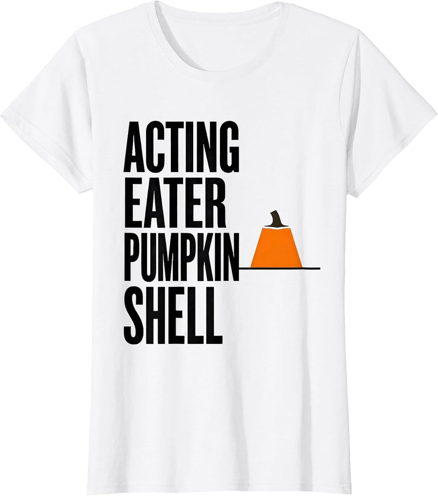 Women's Acting Eater Pumpkin Shell Minimalist Halloween Couples T-Shirt - White