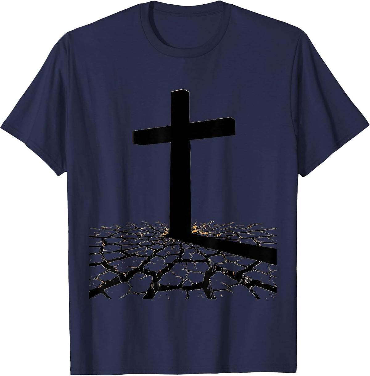 Cross Shadow on Cracked Earth Christian Graphic T-Shirt - Navy Blue