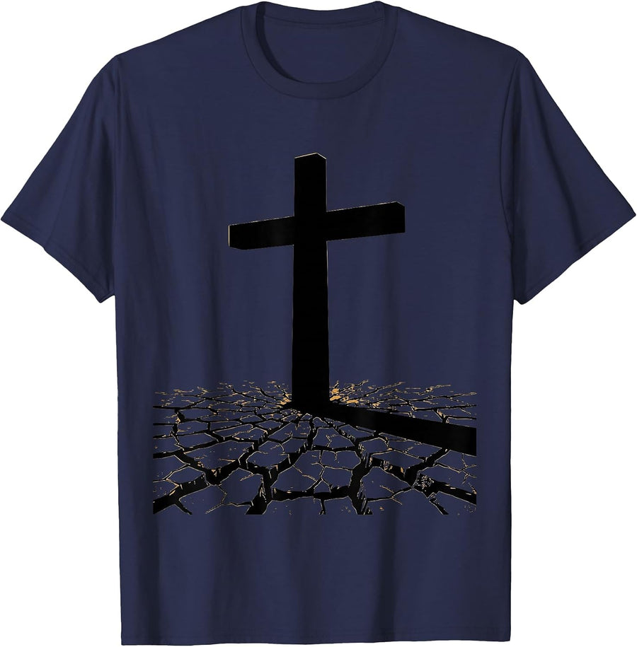 Cross Shadow on Cracked Earth Christian Graphic T-Shirt - Navy Blue