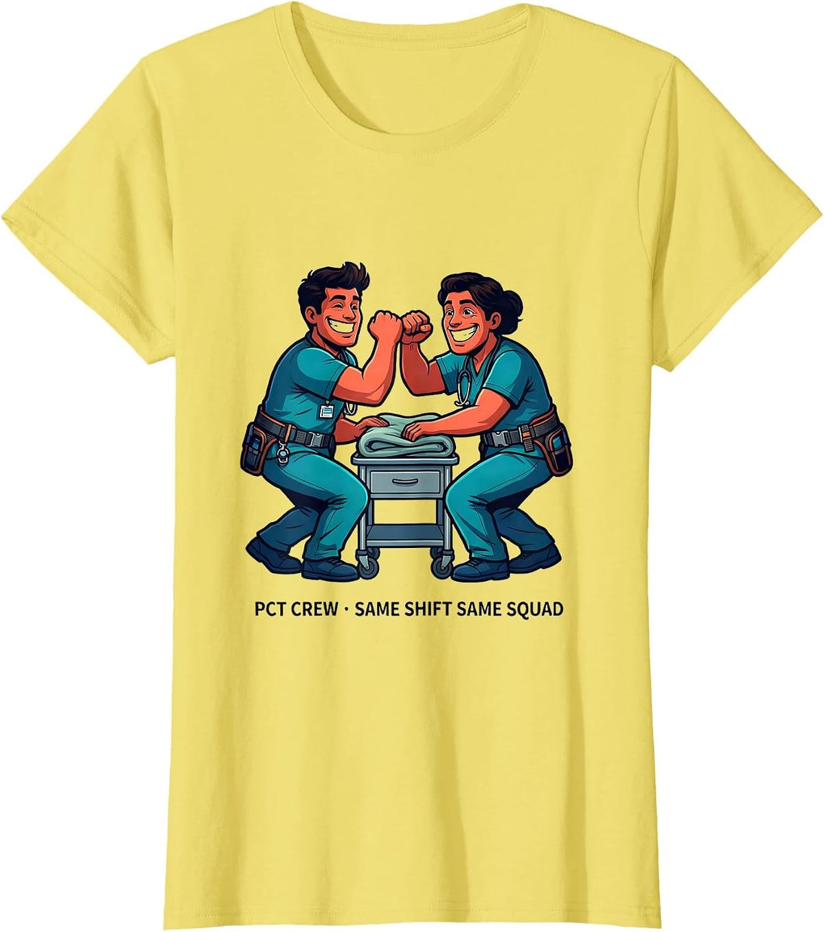 PCT Crew Same Shift Same Squad Cartoon Patient Care T-Shirt - Lemon Yellow