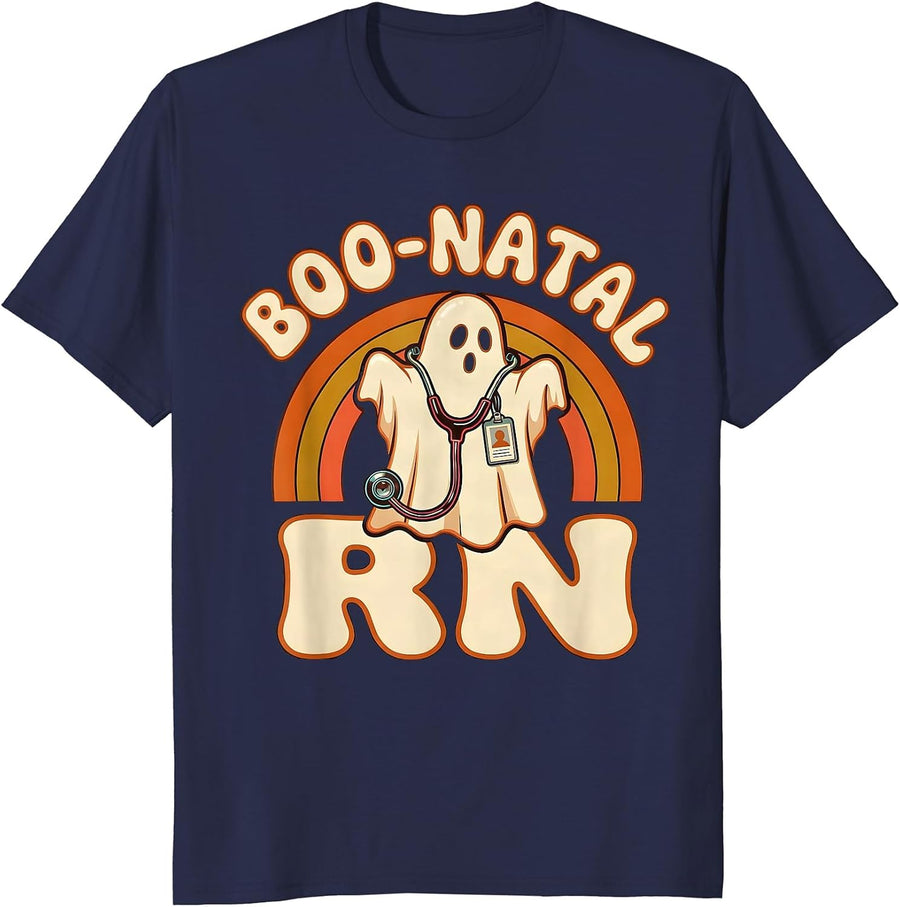 Boo-Natal RN Retro 70s Halloween Nurse Medical Humor T-Shirt - Navy Blue
