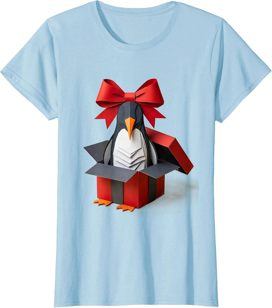 Women's Penguin Gift Box Paper Cutout Funny Christmas T-Shirt - Baby Blue