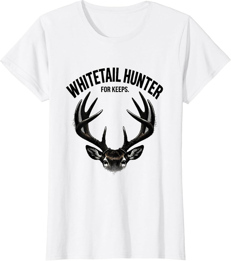 Women's Whitetail Hunter For Keeps Blackwork Dotwork Hunting Dad T-Shirt - White