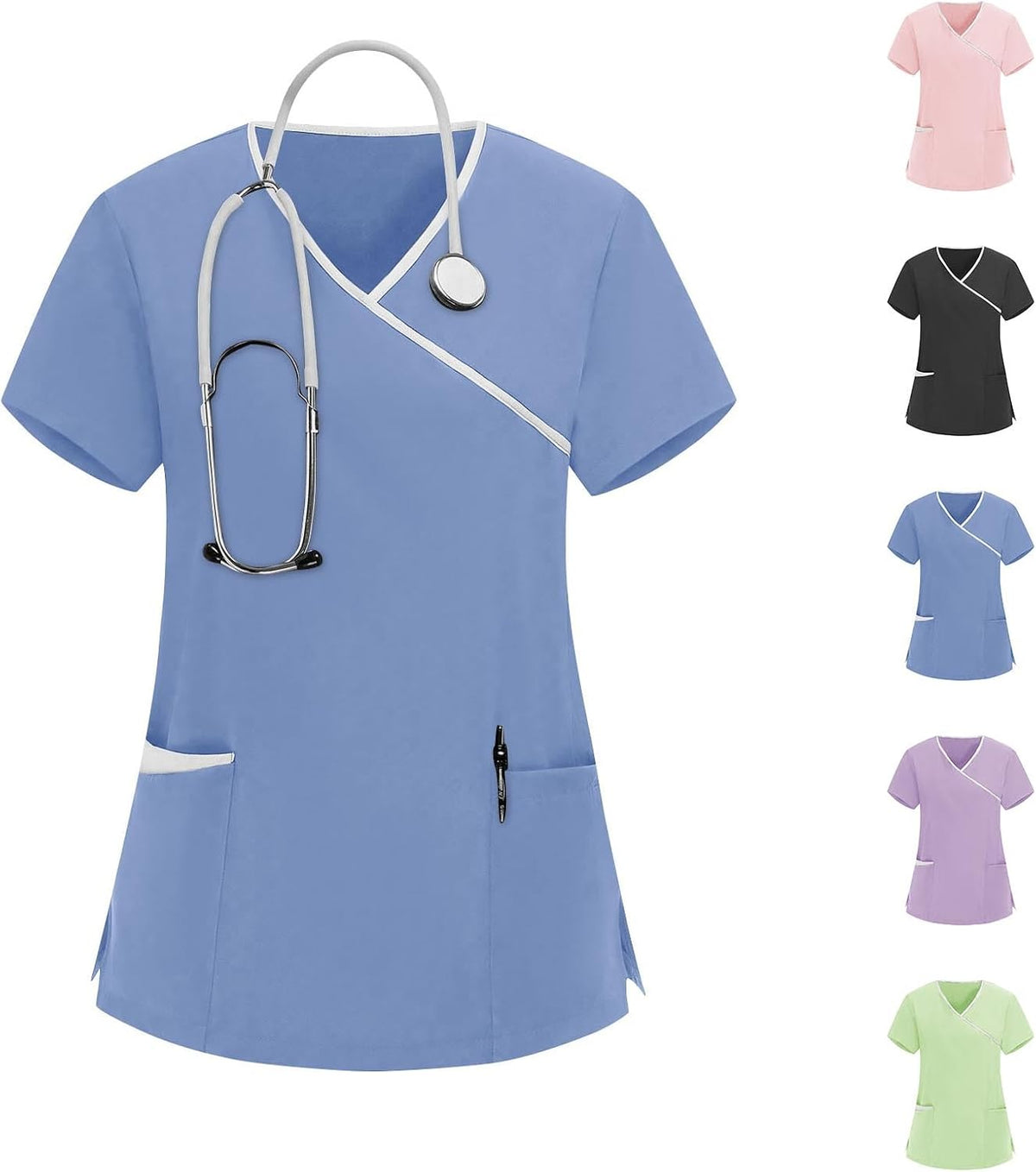 Scrubs Top for Women with Pocket Short Sleeve V Neck Nurse Uniform High Elastic Breathe Summer Scrub Housekeeping - Light