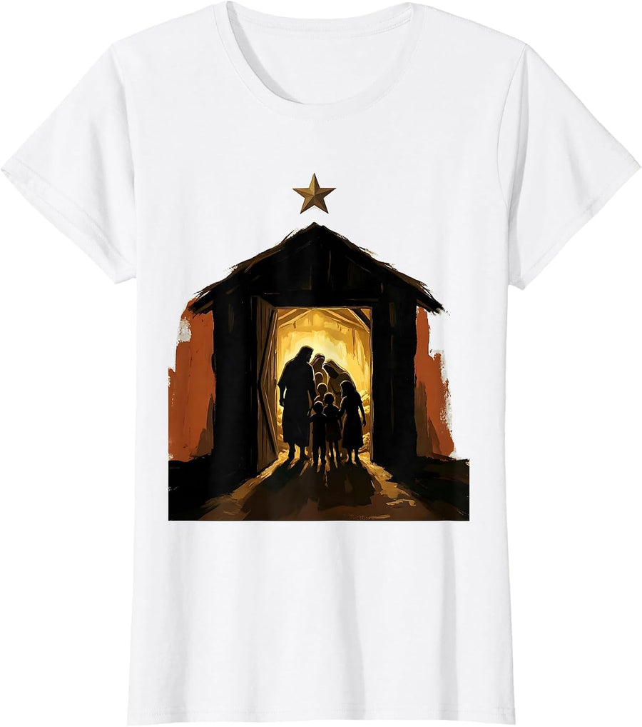Women's Open Door Nativity Family Christmas Faith Tribute T-Shirt - White