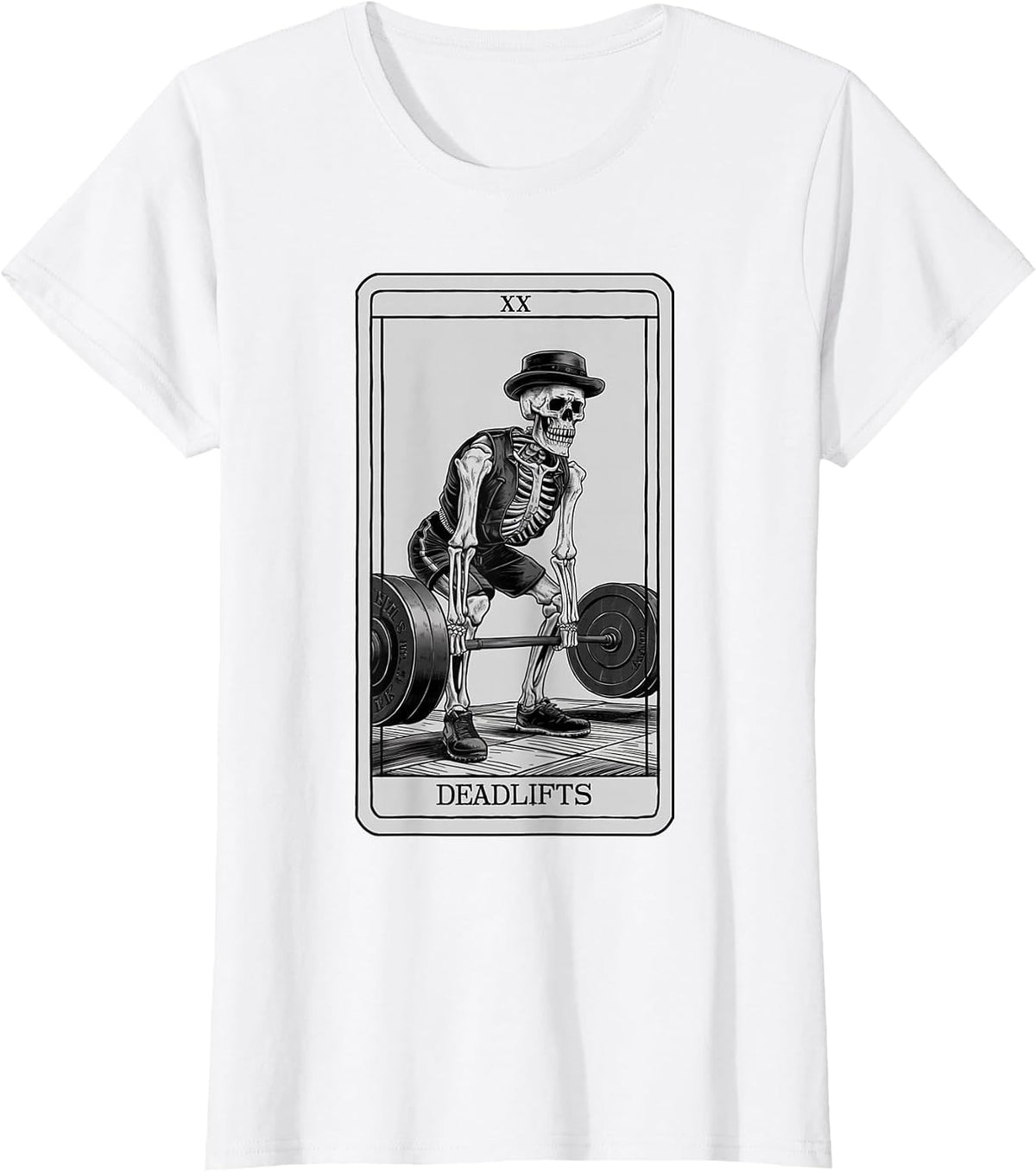 Skeleton Tarot Card Deadlifts Powerlifting Weightlifting Gym T-Shirt - White