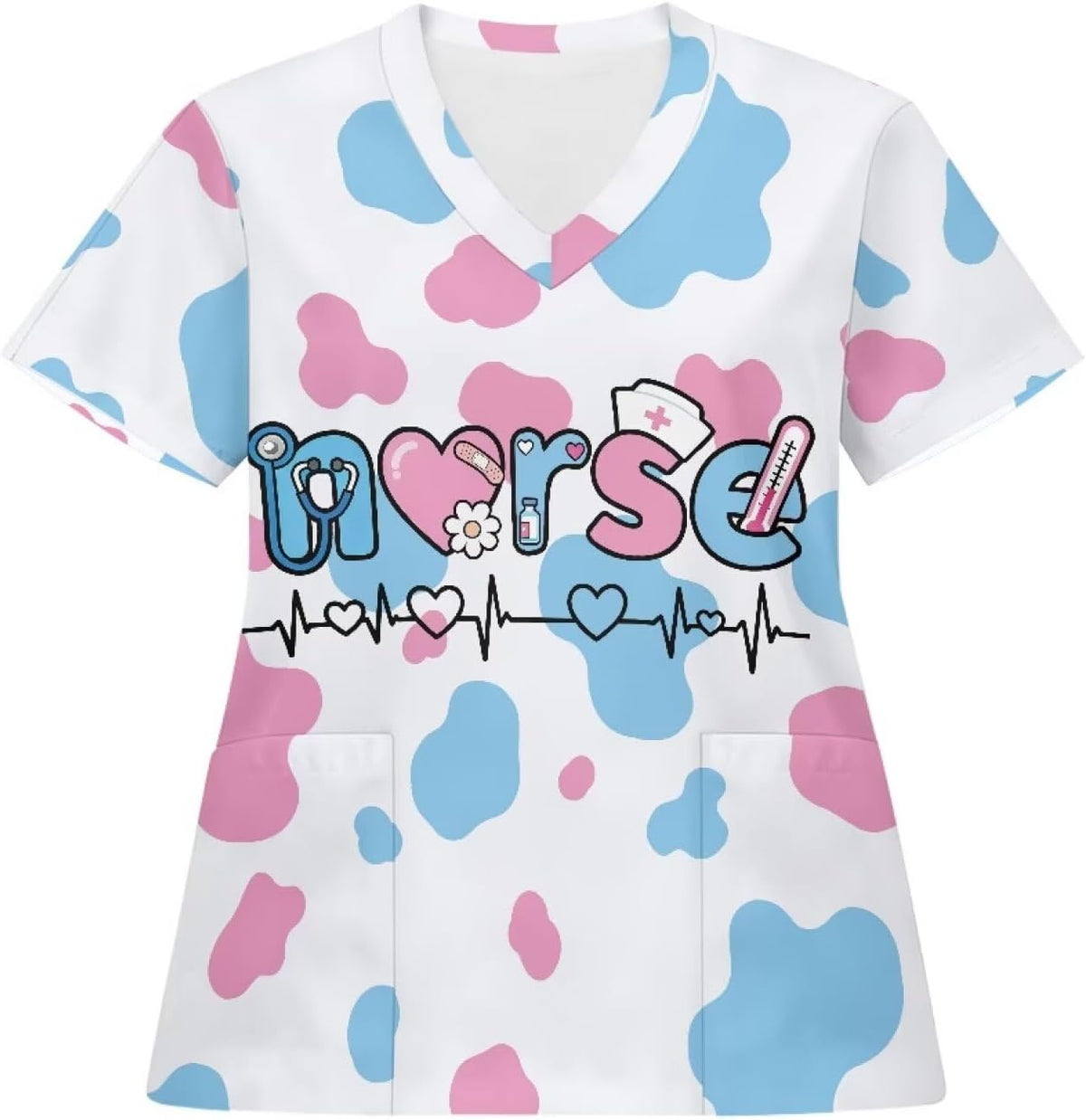 Womens Scrub Tops 2 Pockets V-Neck Nurse - Cow Print