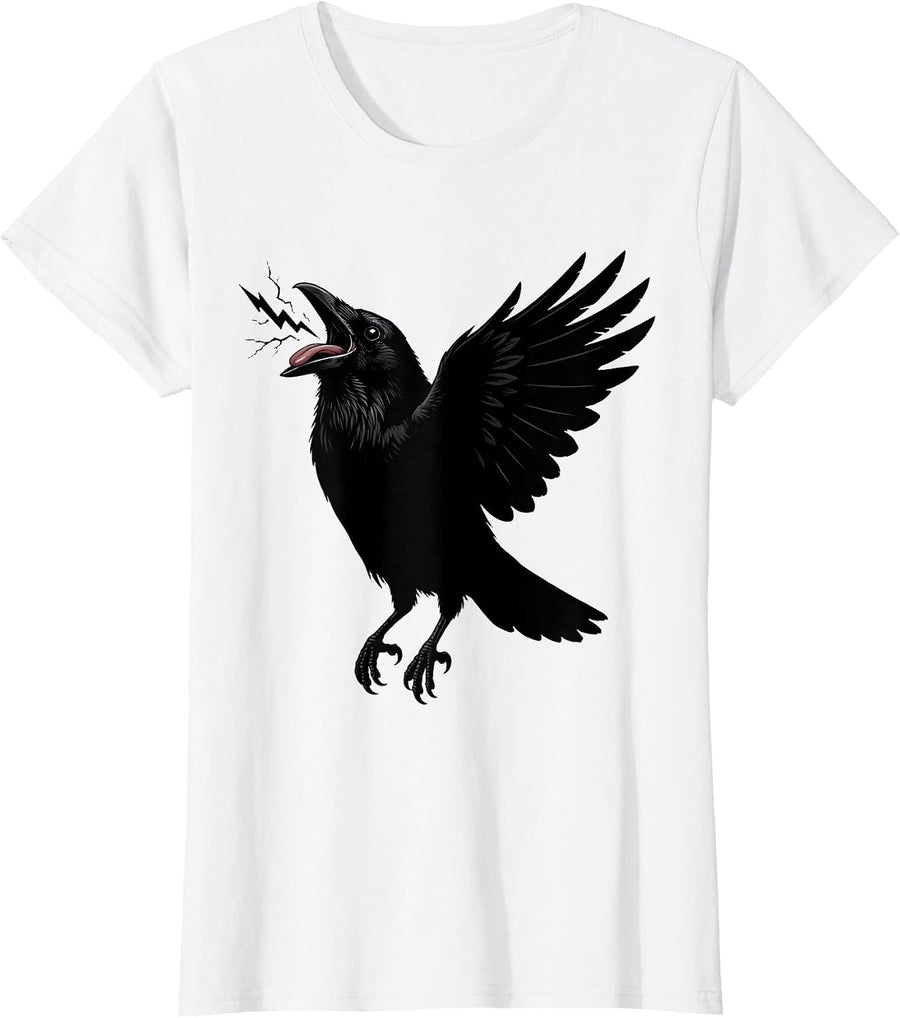 Women's Crow Mid-Caw Lightning Bolt Tongue Graphic T-Shirt - White