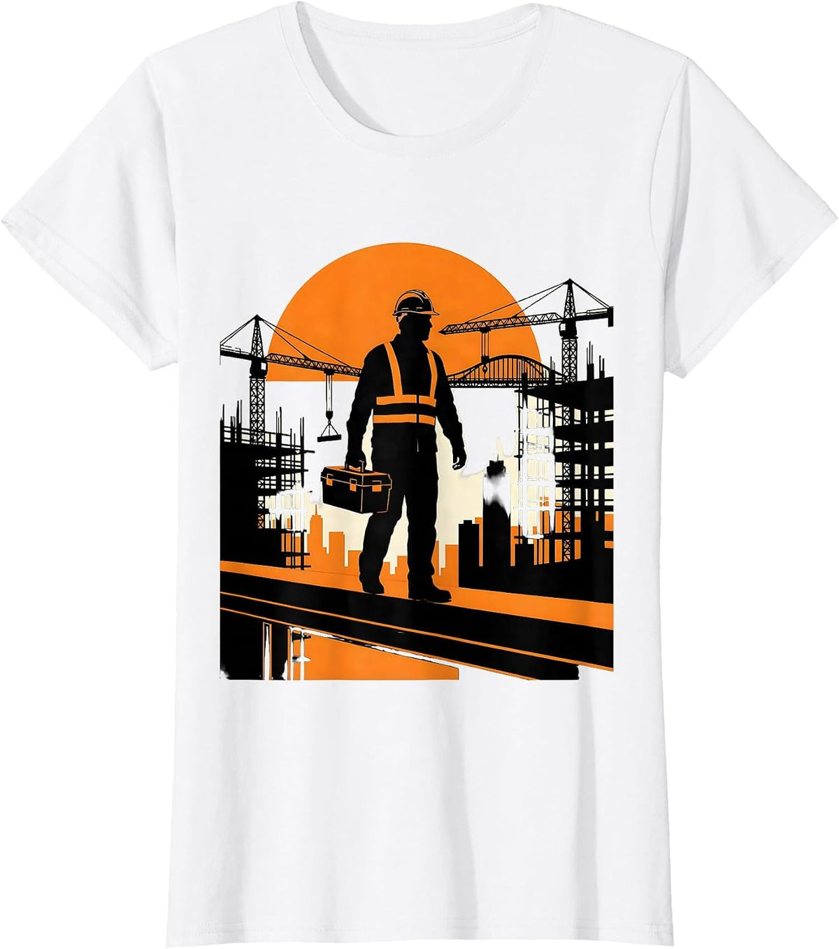 Women's Construction Worker Silhouette Sunset Skyline T-Shirt - White