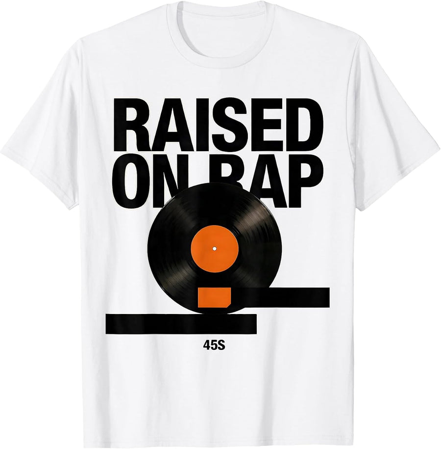 Men's Raised On Rap 45s Vintage Hip Hop Lyric Nostalgia T-Shirt - White