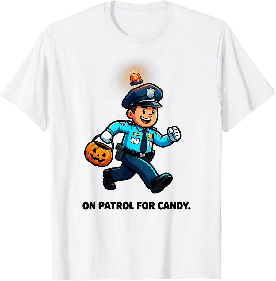 Men's On Patrol For Candy Cartoon Police Officer Halloween Party T-Shirt - White