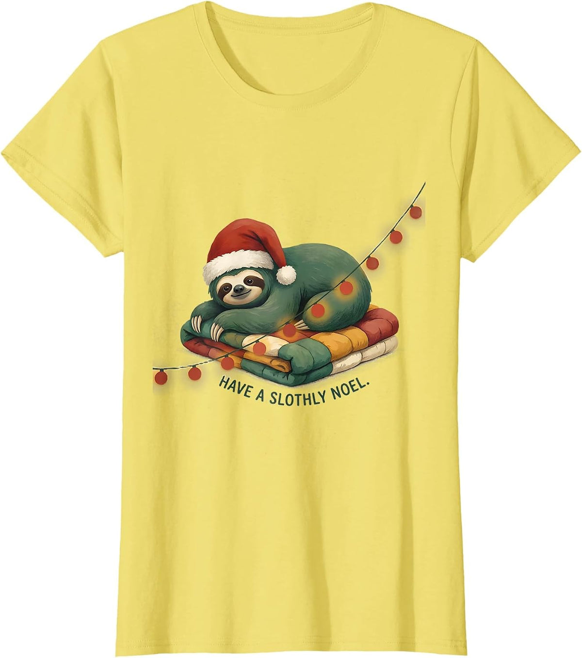 Have a Slothly Noel Funny Sloth Christmas Lights Santa Hat T-Shirt - Lemon Yellow