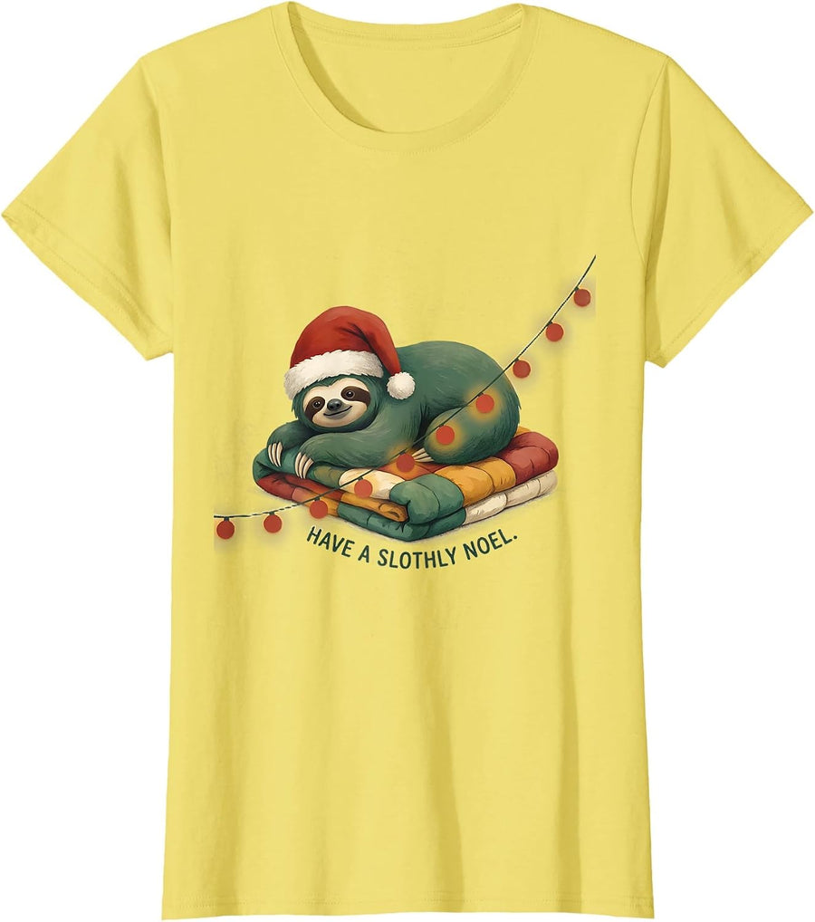 Have a Slothly Noel Funny Sloth Christmas Lights Santa Hat T-Shirt - Lemon Yellow