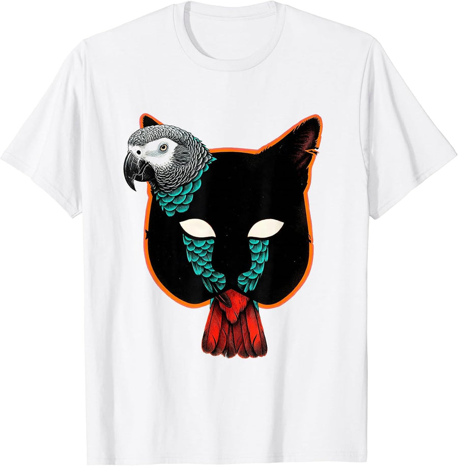 Men's Black Cat Mask Parrot Lover Halloween Humor Risograph T-Shirt - White