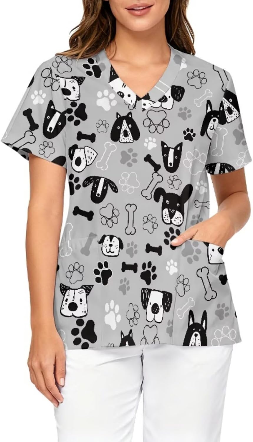 Veterinarian Scrub Tops for Women V Neck Stretchy Nursing Uniforms - Dalmatian