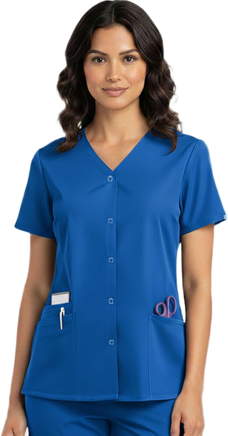 HEEDFIT Women's Snap Front Scrub Top – V-Neck Medical Shirt, Short Sleeve - Royal