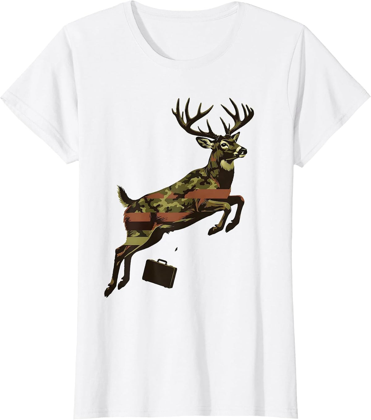 Leaping Whitetail Buck Camo Flag Hunting Dad Gift T-Shirt - White
