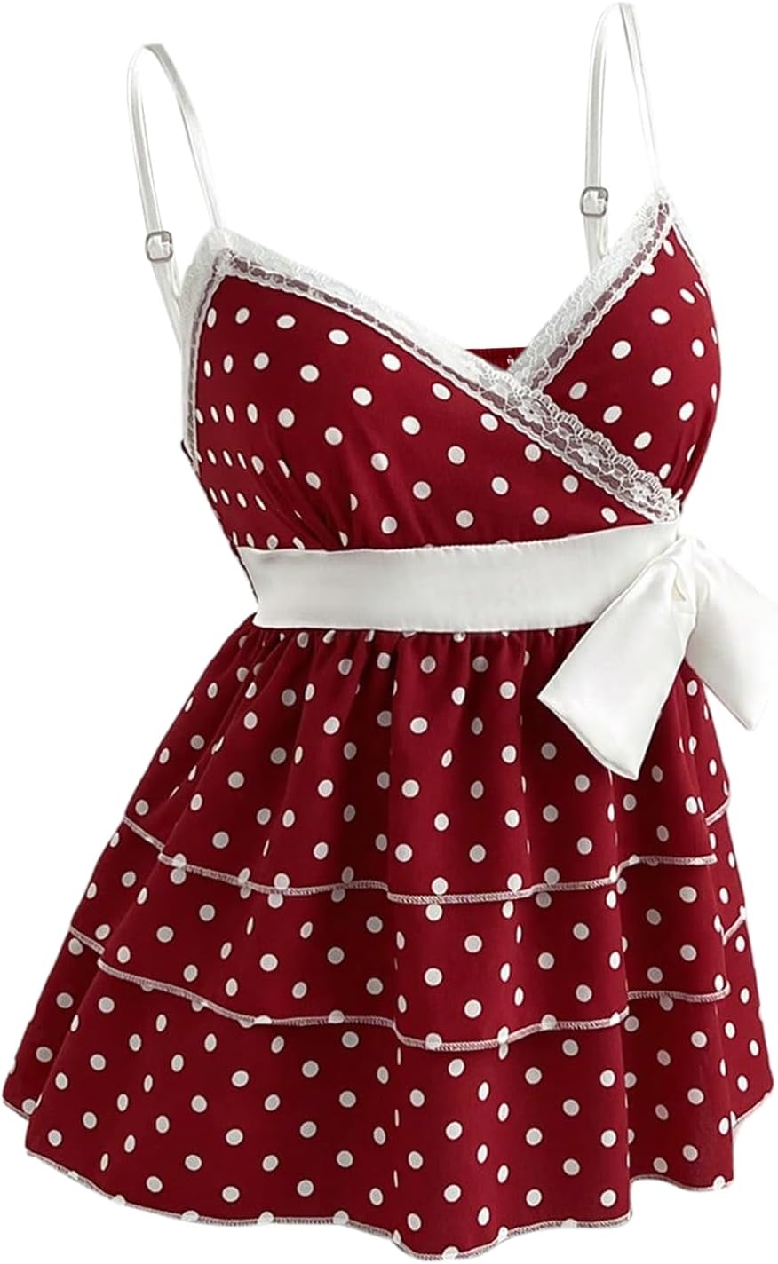 Verdusa Women's Y2k Babydoll Tops Polka Dots Tank Top Cute Peplum Shirts - Red