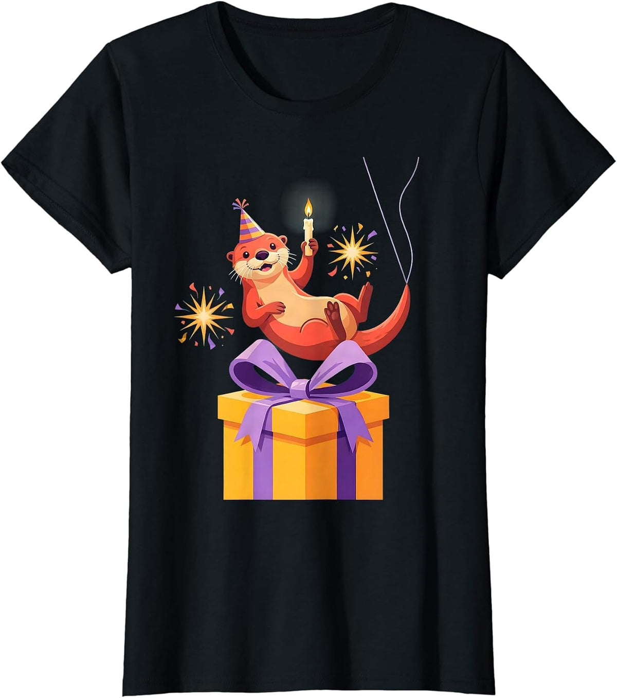 Otter Party Hat Gift Box Otter Lover Humor Birthday T-Shirt - Black