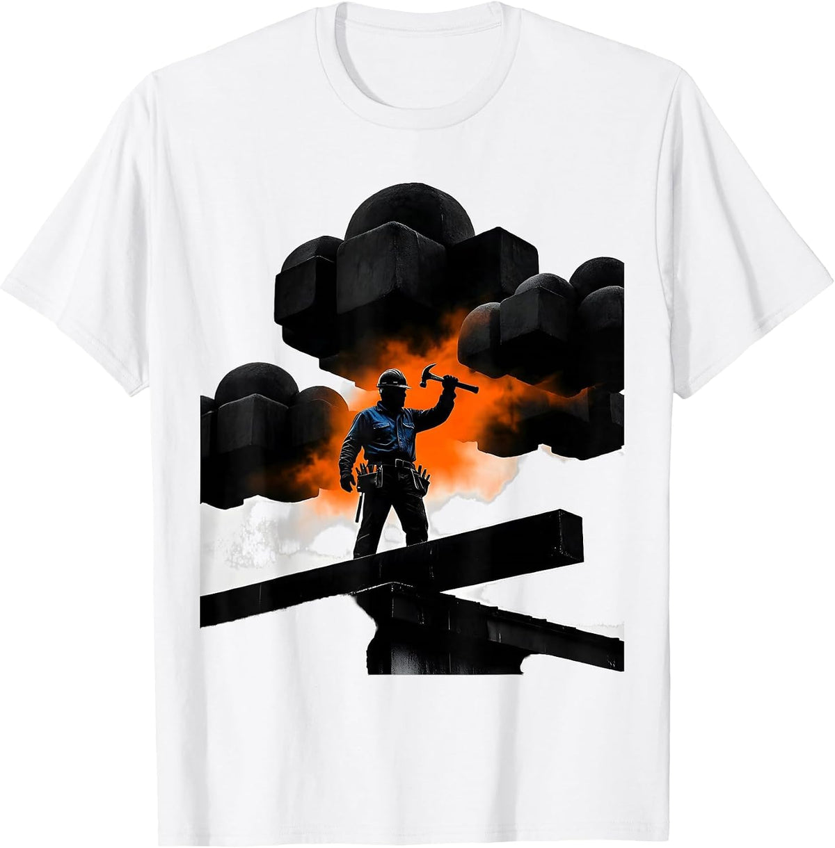 Men's Rooftop Worker Silhouette Stormy Sky Graphic T-Shirt - White