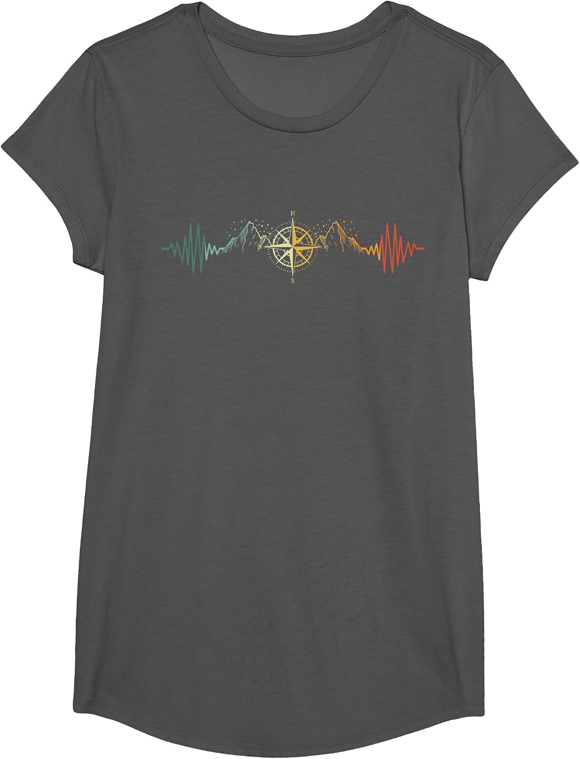 Compass Heartbeat Hiker Trek Outdoor Mountain Climbing T-Shirt - Girls Asphalt Grey