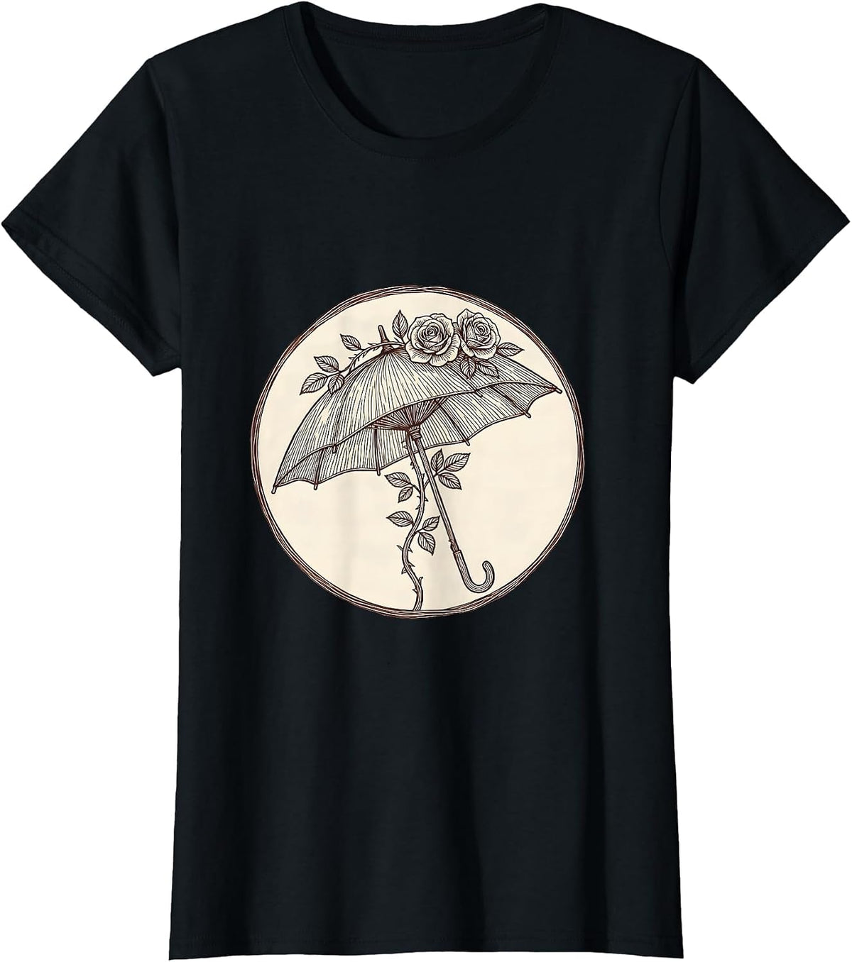 Women's Vintage Lace Parasol Climbing Roses Romantic Art T-Shirt - Black