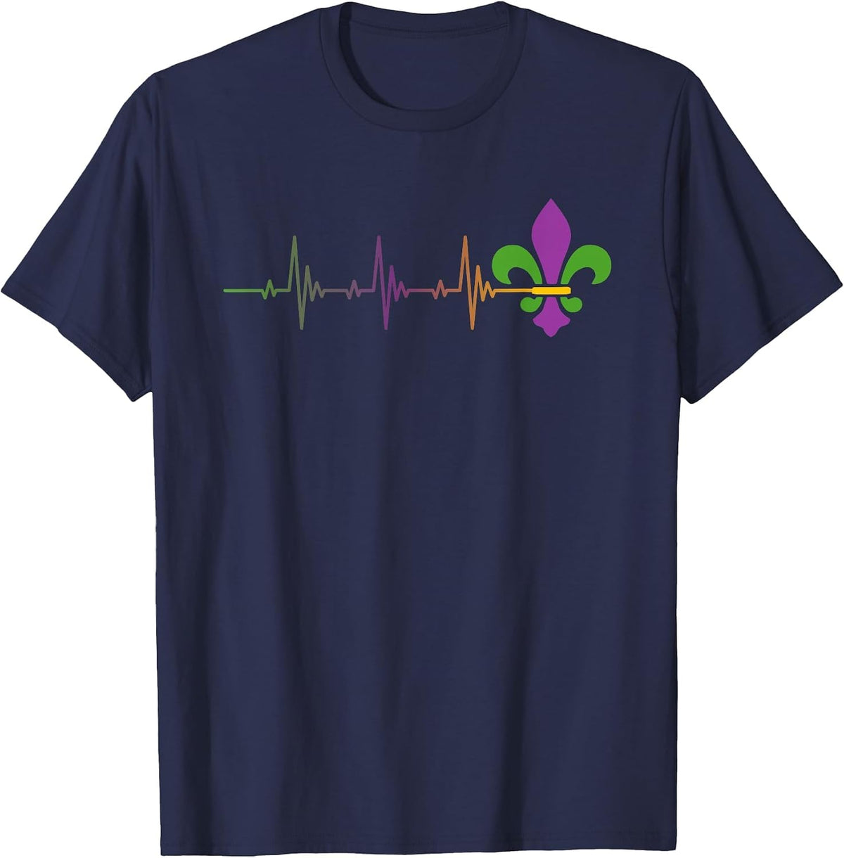 Heartbeat Mardi Gras - EKG Pulse Line Fleur-De-Lis Parade T-Shirt - Navy Blue