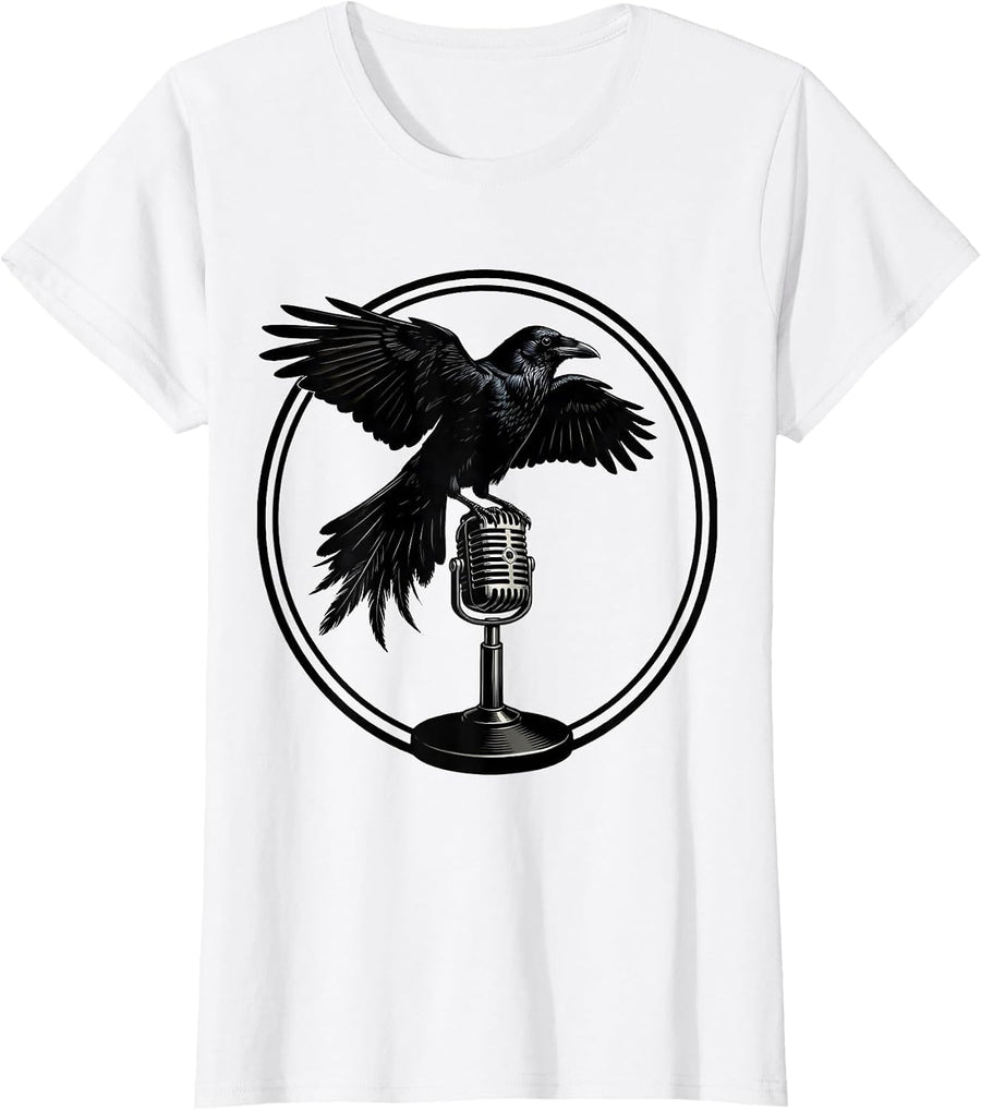 Women's Crow on Microphone Stand Rock Band Graphic T-Shirt - White