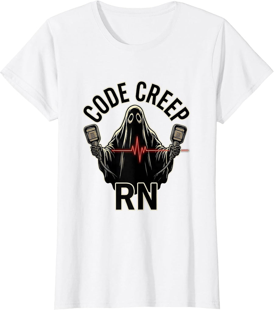 Women's Code Creep RN Funny Halloween Nurse Medical Humor T-Shirt - White
