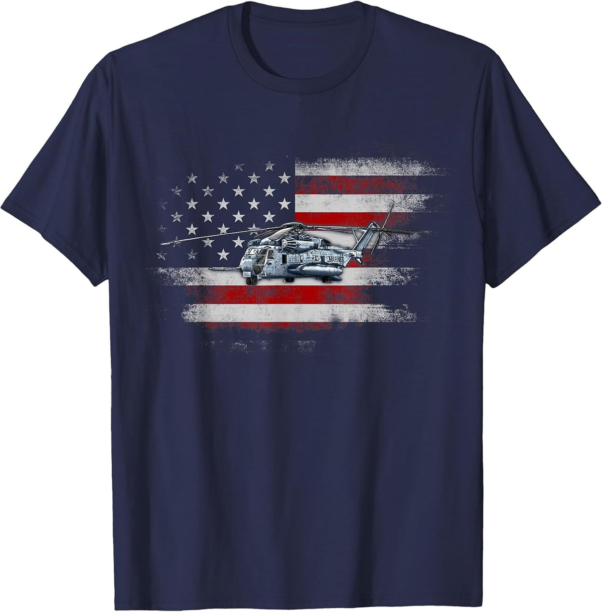 Patriotic CH-53 and MH-53 Helicopter Flag Helicopter Pilot T-Shirt - Navy Blue