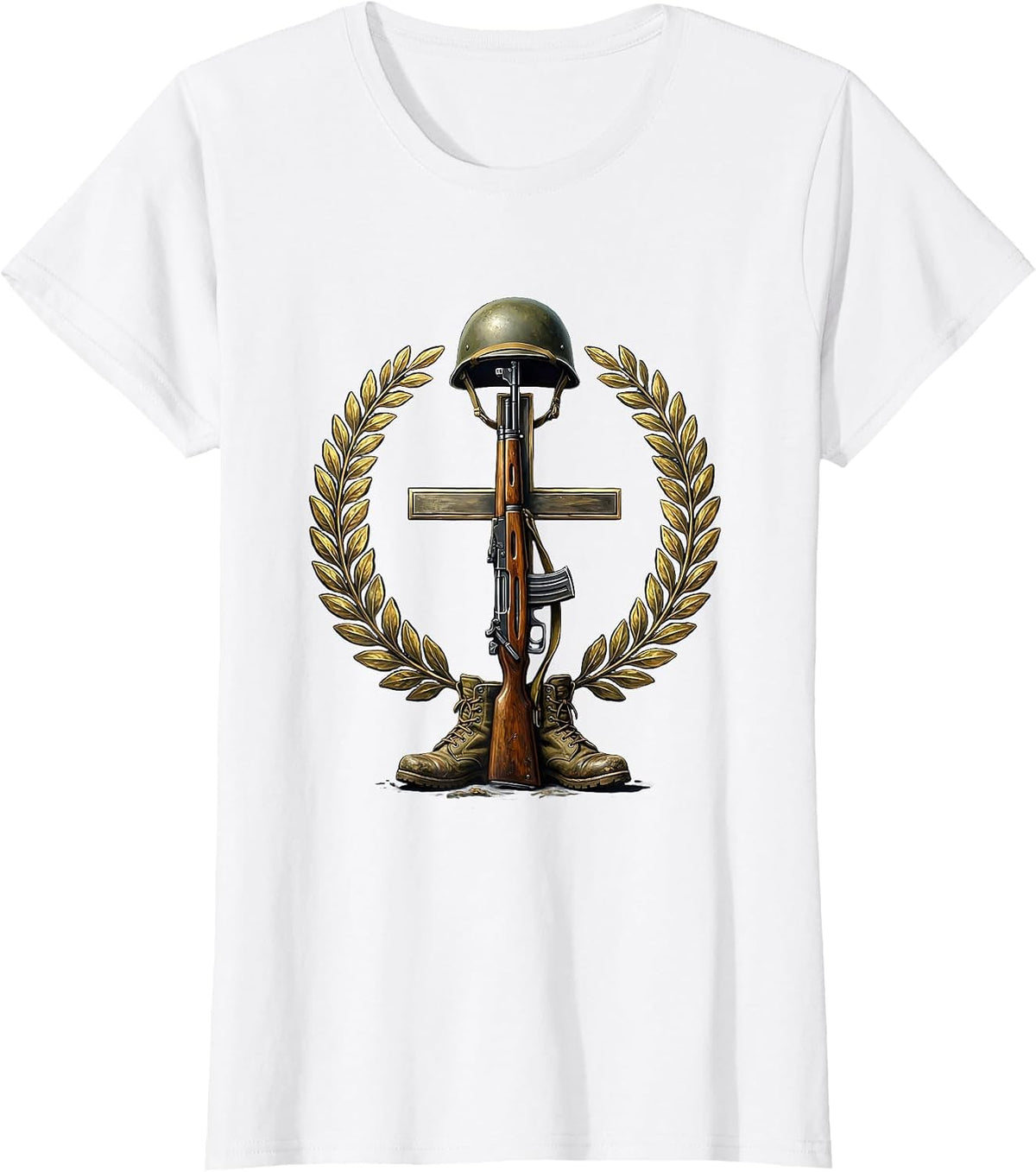 Fallen Soldier Memorial Rifle and Helmet Graphic T-Shirt - White