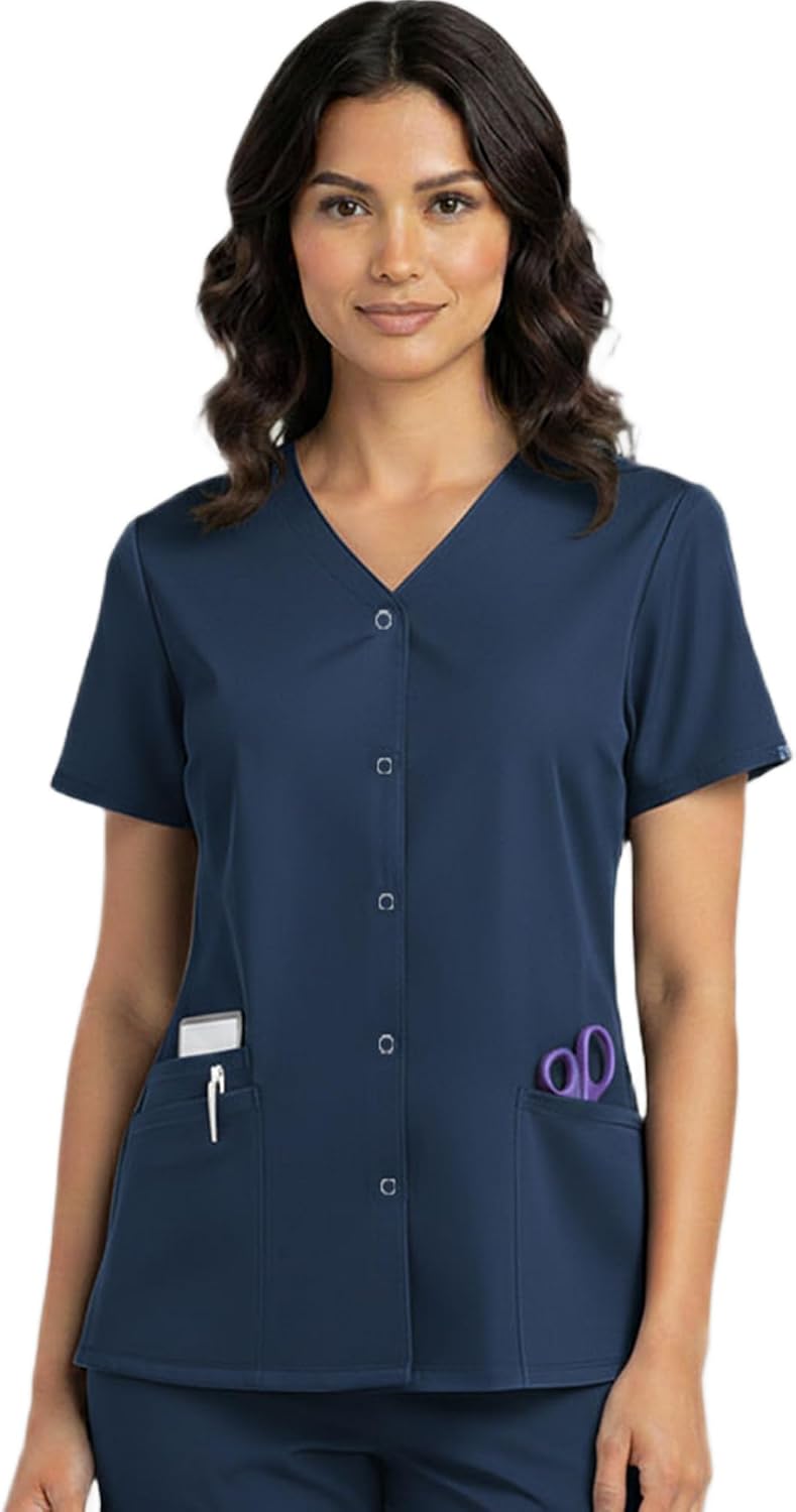 HEEDFIT Women's Snap Front Scrub Top – V-Neck Medical Shirt, Short Sleeve - Navy Blue