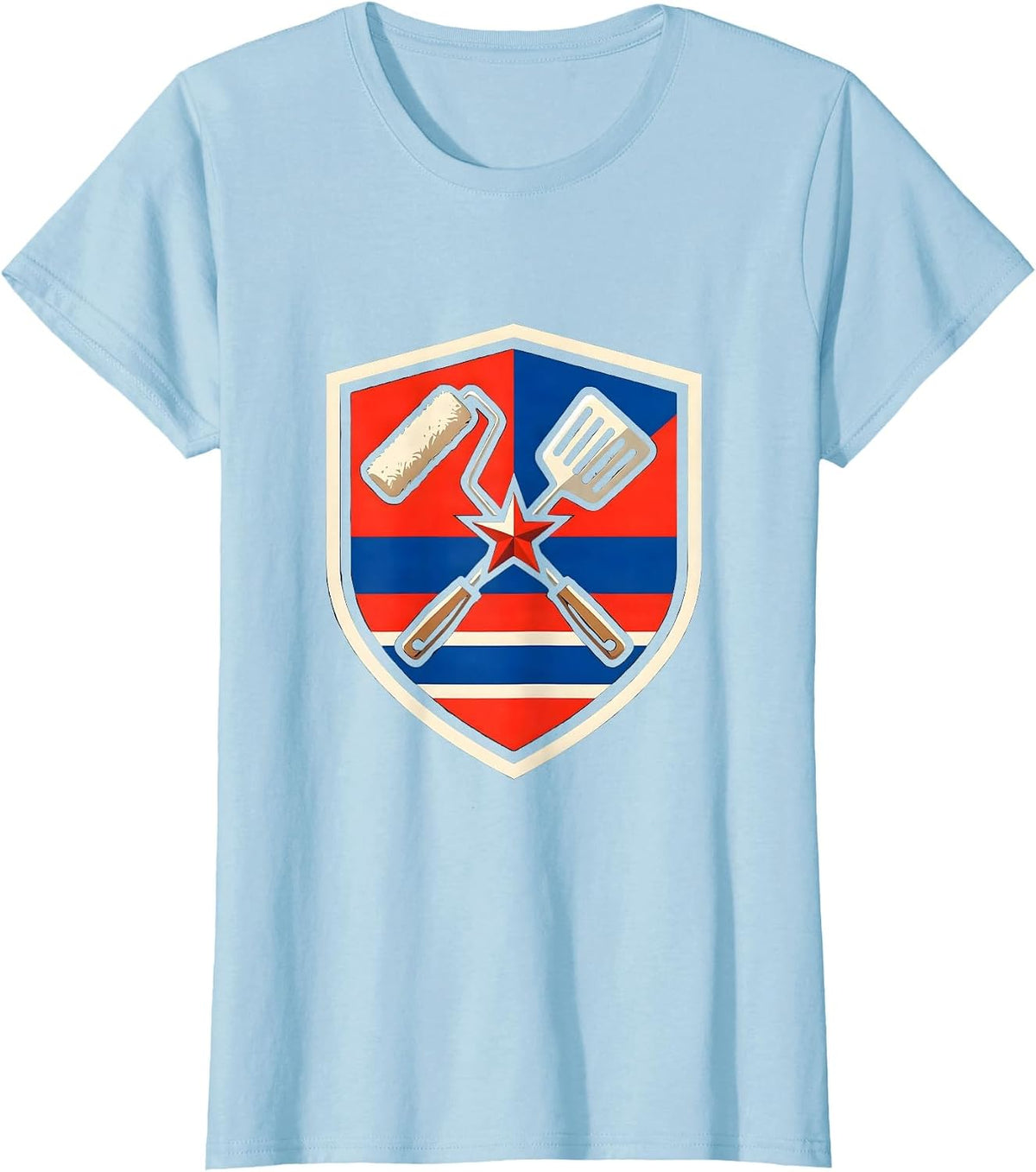 Women's Varsity Shield Paint Roller BBQ Spatula Labor Day Patriotic T-Shirt - Baby Blue