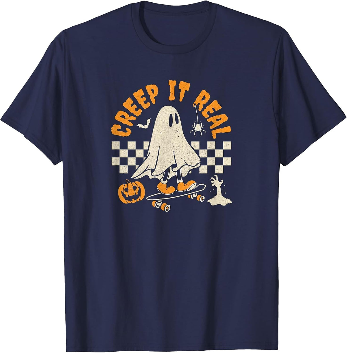 Halloween Creep it Real Ghost Skateboard for Women Kids T-Shirt - Navy Blue