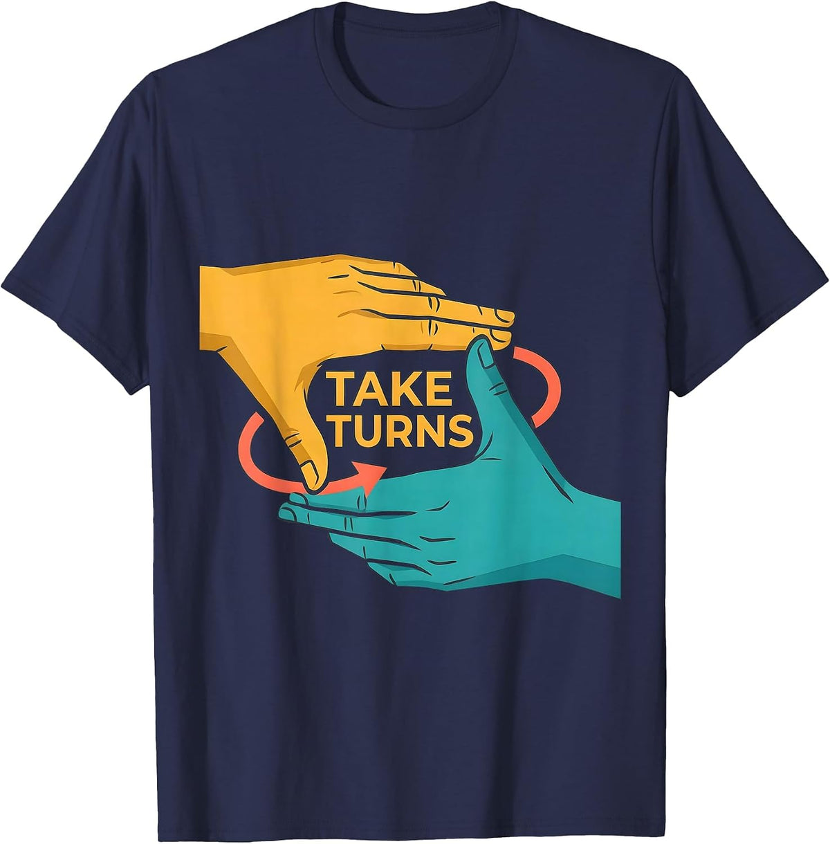 Men's Take Turns Flat Vector ASL Sign Language Teacher Classroom T-Shirt - Navy Blue