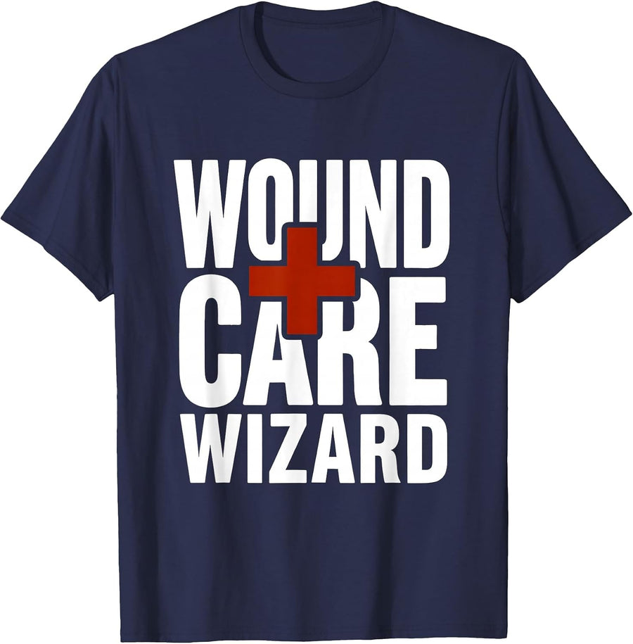 Wound Care Wizard Nurse Graphic Design T-Shirt - Navy Blue
